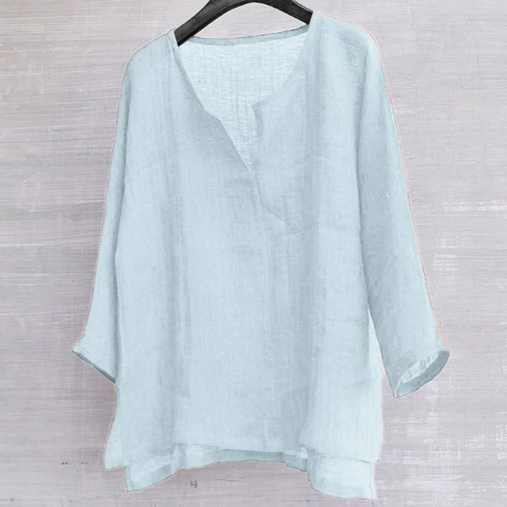 Men's And Women's Fashion Matching Cotton-Linen Solid Color Casual Loose V-Neck Long-Sleeved Shirt T-Shirt Top