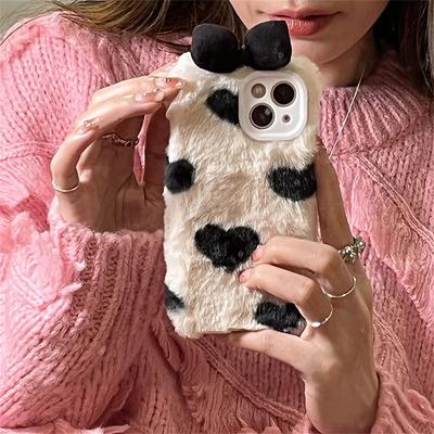 Korean Cute Fuzzy Plush Love Heart 3d Bowknot Phone Case For Iphone 14 13 12 11 Pro Xs Max Xr Winter Shockproof Soft Cover Funda