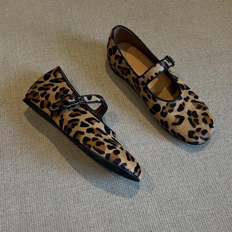Sheepskin Version~ Niche Leopard Print Suede One-word with Light Mouth Single Shoes Women's Flat Bottom Mary Zhenzi