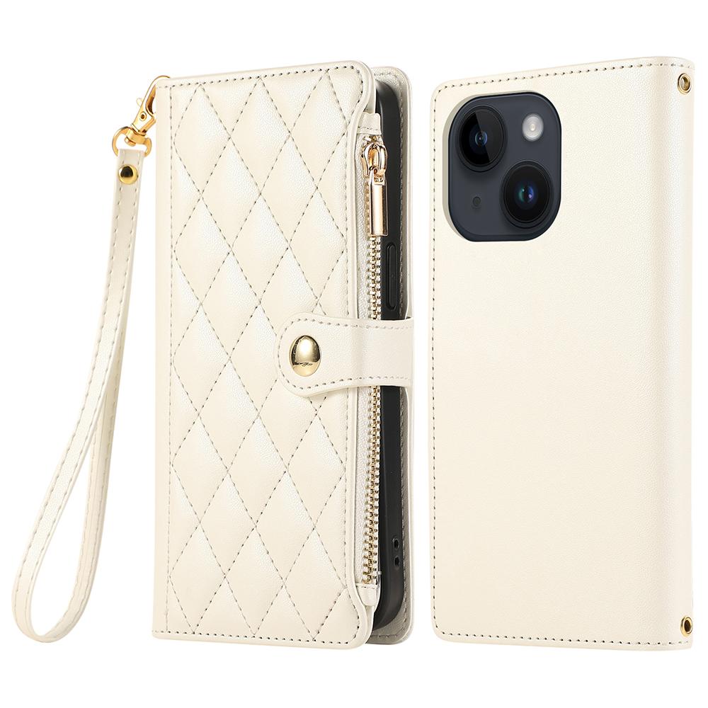 For iPhone 15 Case Multi Card Slots Zipper Rhombus Leather Phone Cover with Wrist Strap