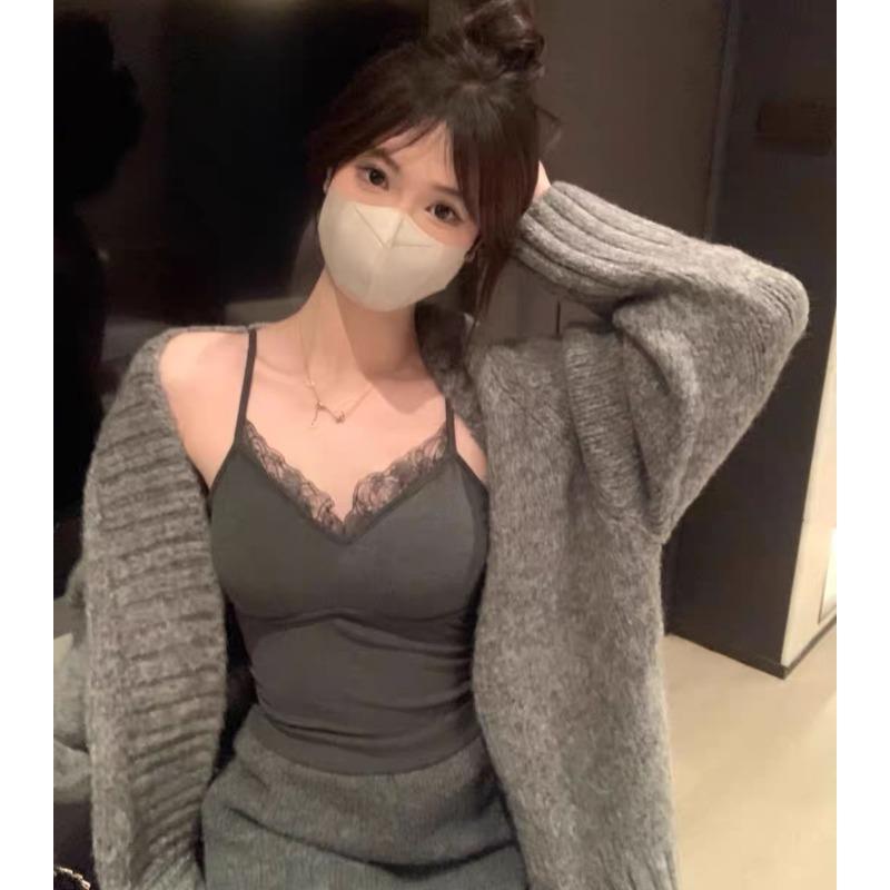 Cotton-brushed French Pure Wind Lace Patchwork Camisole Vest Slim with Chest Pad with Thermal Top