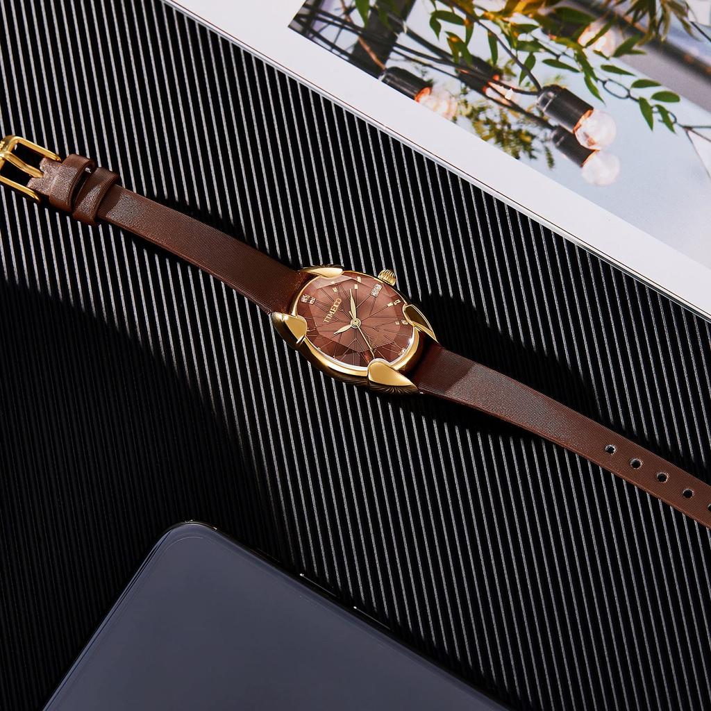 Time100 Watch with Multifaceted Diamond Japanese 30M Water and Brown Butyl Strap Women's Crystal, Movement, Resistance,