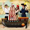 Adventurous Pirate Ship Tapestry, Cartoon Galleon with Striped Sails and Skull Flag Background Cloth, Fun Party Wall Art