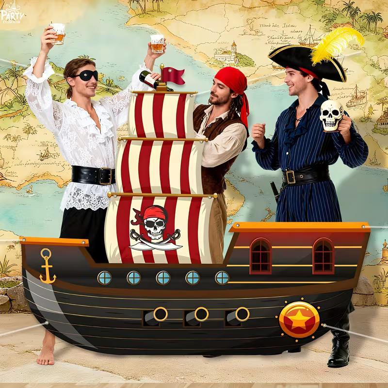 Adventurous Pirate Ship Tapestry, Cartoon Galleon with Striped Sails and Skull Flag Background Cloth, Fun Party Wall Art