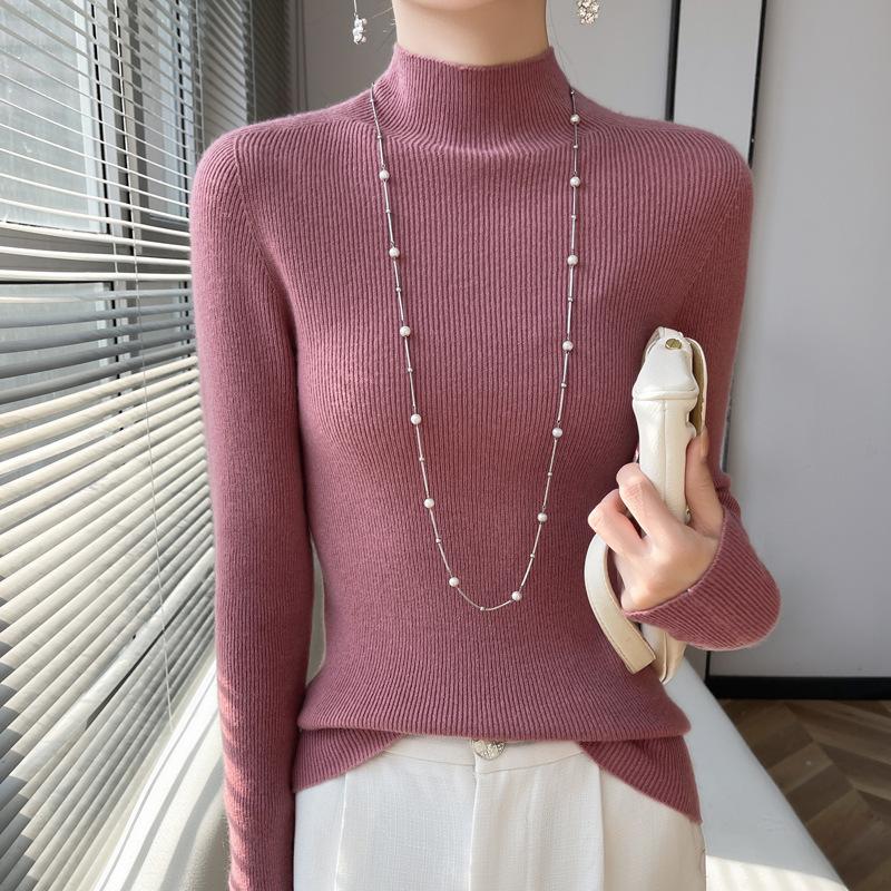 

Нижняя рубашка Женская осенне-зимняя полувысокая горловина свитер Тонкий трикотажный топ с длинными рукавами XXL темно-розовый