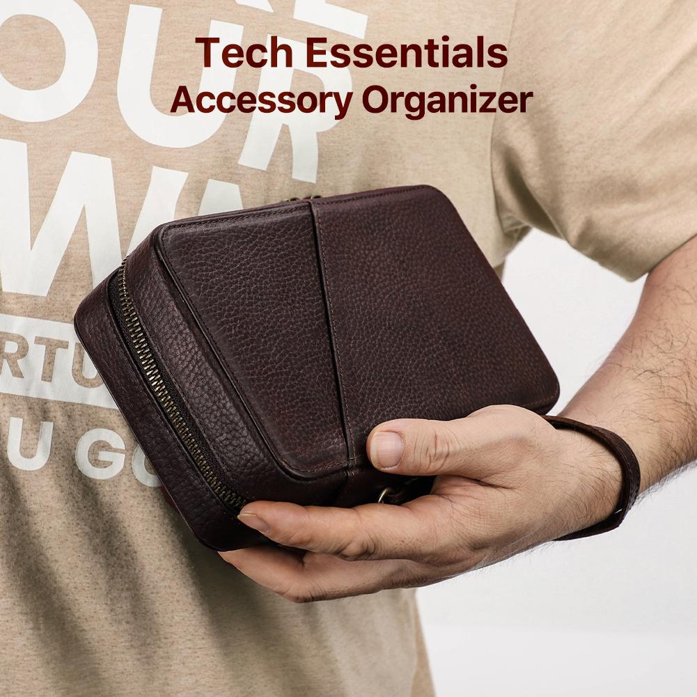 Vintage Vegetable Tanned Milled Leather Tech Pouch Travel Electronics Accessories Organizer Pouch With Apple Pencil Slot