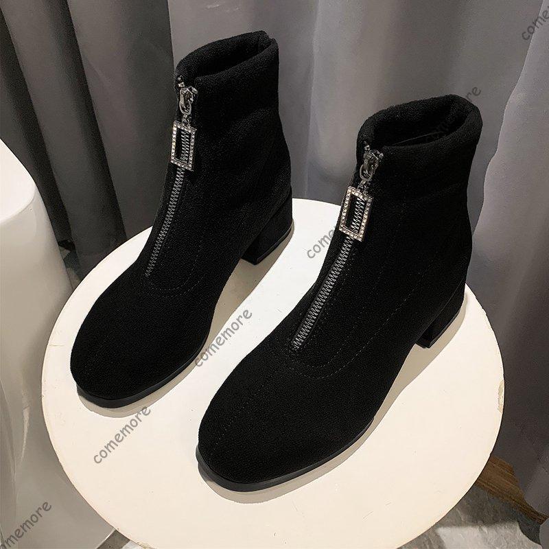 Feiern Sie Herbst und Winter Schwarze Stiefeletten mit dickem Absatz Mode Wildleder Reißverschluss vorne Kurze Stiefel für Damen Retro Damenschuhe