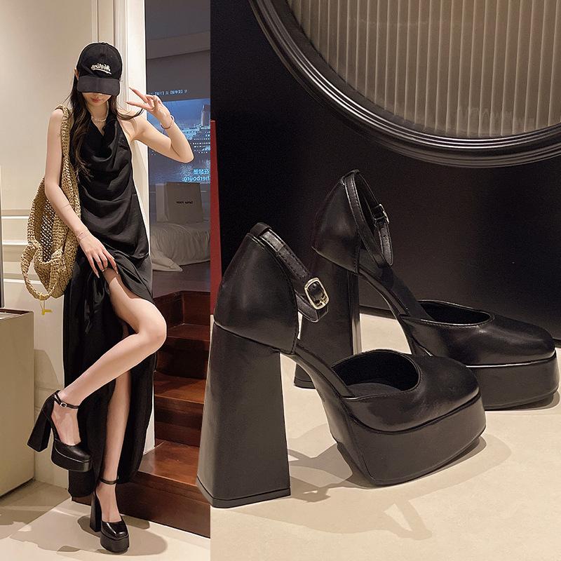 Waterproof platform thick heels women's summer 2025 foreign trade new square head hollow single shoes one-word buckle bag head women's single shoes