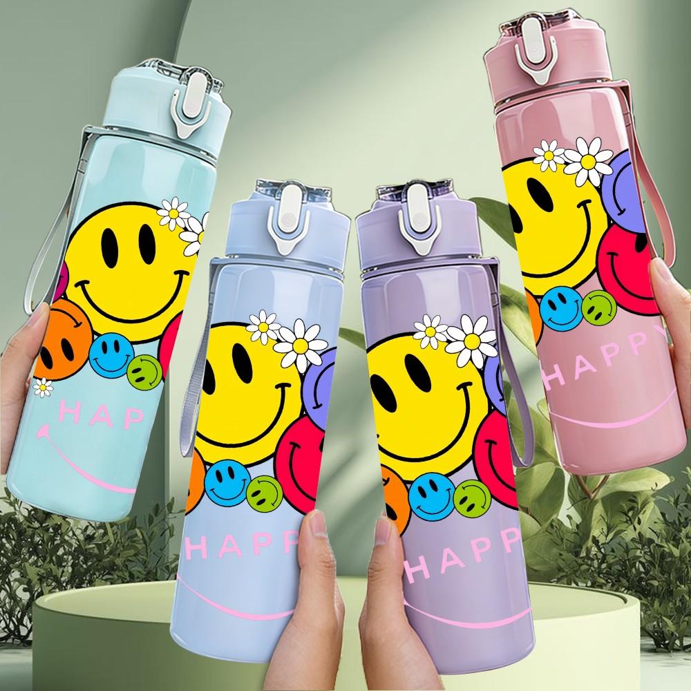 1 PZ Bottiglia d'Acqua Sportiva in Plastica Colorata con Motivo Faccine Sorridenti Multicolore 750ml Tappo Flip con Cannuccia Anti-perdita Adatta per Sport Ufficio Uso Domestico