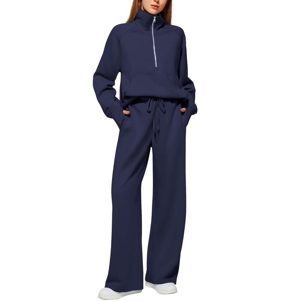 2025Women Coat Pants Set Stand Collar Long Sleeve Zip-up Elastic Cuff Jacket Drawstring Stretchy High Waist Wide Leg Trousers Sport Tracksuit