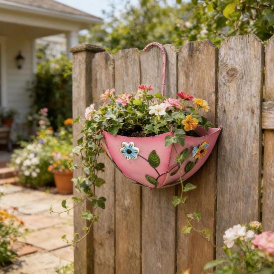 Metallparaply Hängande Planterare Paraplyformad Räcke Blomkruka Gårdsväggmonterad Planterare för Trädgård uteplats Veranda Fönsterbräda Dekor