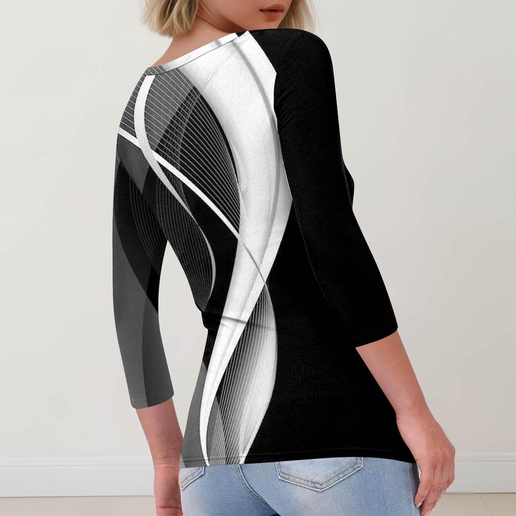 Women's Slim Bottom T-shirt Fashion Casual Printed Round Neck Pullover Seven Sleeve Top