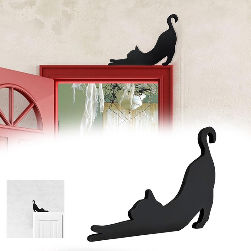 Cute Little Cat Stretched Out Door Corner Sign Cat Black Wooden Ornament Self-Adhesive Home Wall Doors Frame Decorations