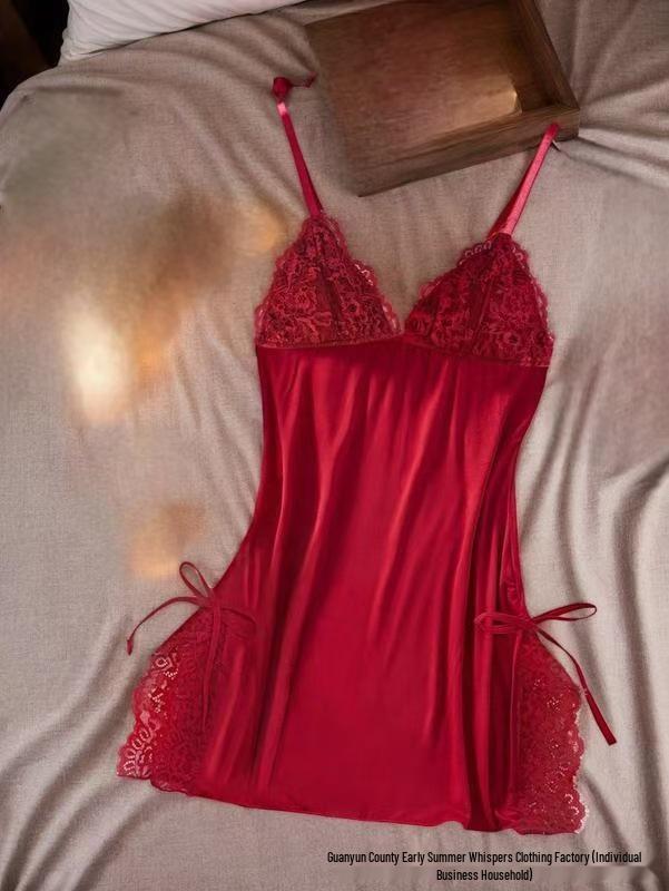2025 New European & American Lingerie: Sexy Deep V Nightdress with Lace Slit and Straps