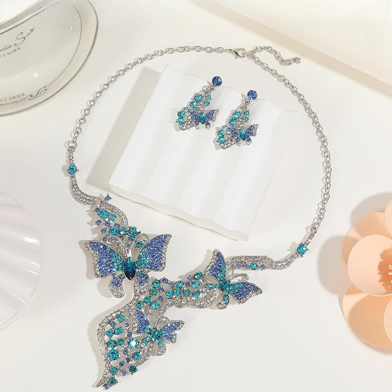 Vintage Colorful Crystal Butterfly Necklace Earrings for Women Rhinestone Weddings Banquet Party Jewelry Set