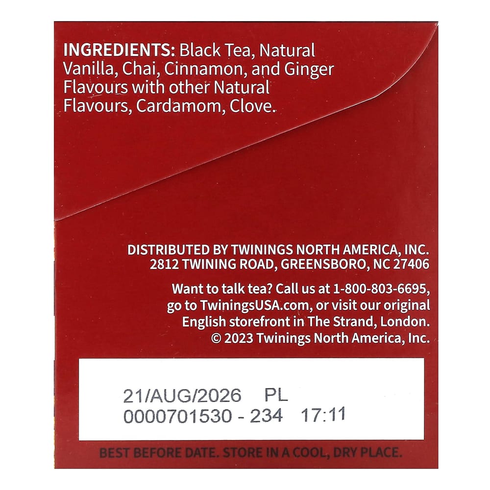 Twinings Flavored Black Tea Chai French Vanilla - 20 Tea Bags, 40g (1.41oz)
