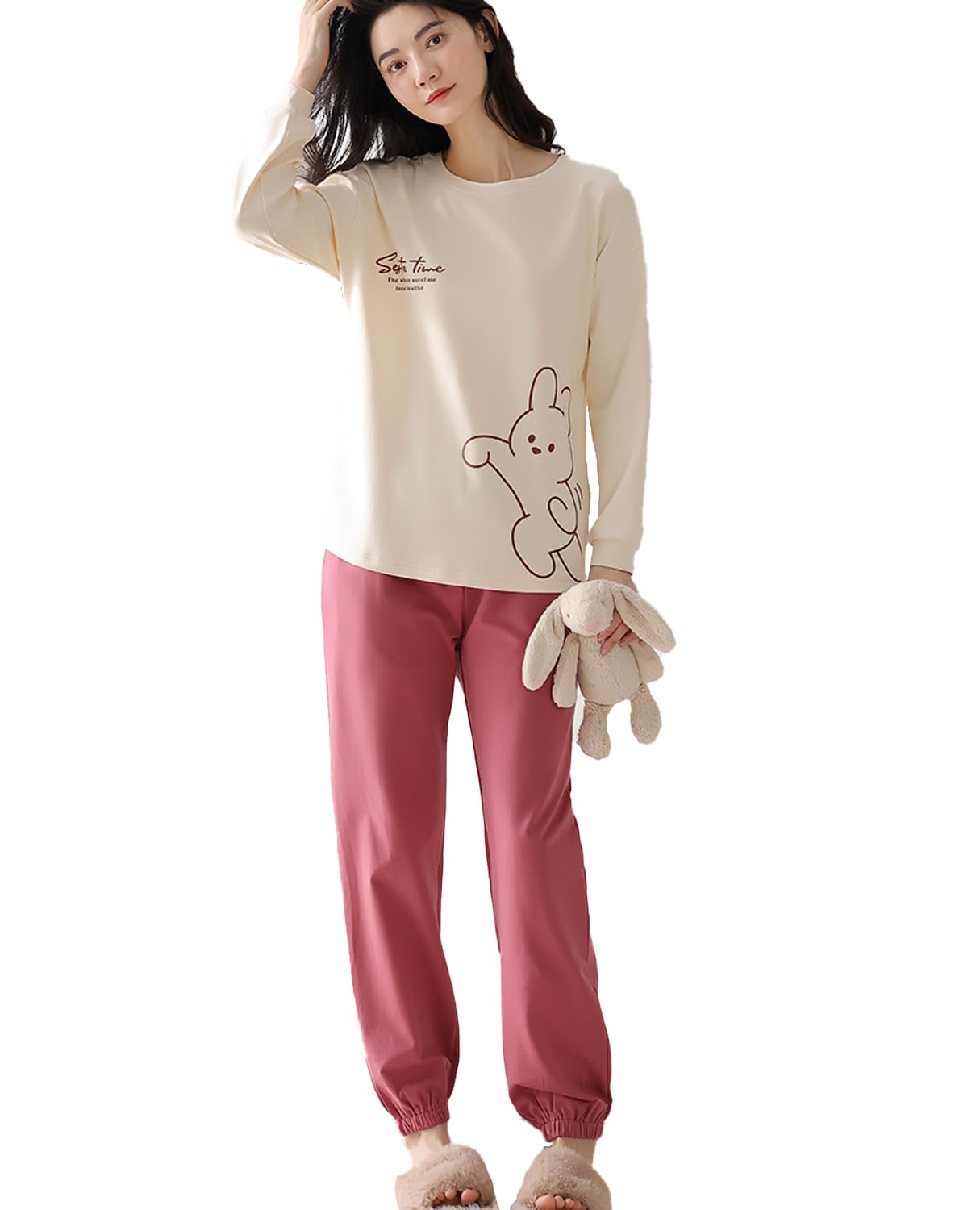 

Kayuuhin Long Sleeve with Top and Bottom Loose Round Neck Casual Sleepwear Size Women s Pajamas, 100% Cotton, Cups, Loungewear, Set, Cute, Fit,