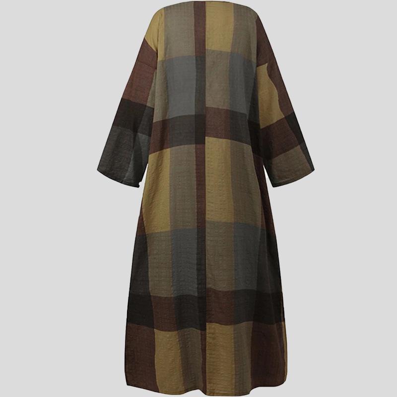 2025 Retro Ethnisches Baumwollleinen Langarmkleid mit Weitem Rock