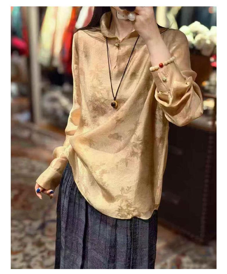 Rongtai Women's Elegant Spring 2026 Jacquard Dark Pattern Loose Shirt with Half-Open Collar