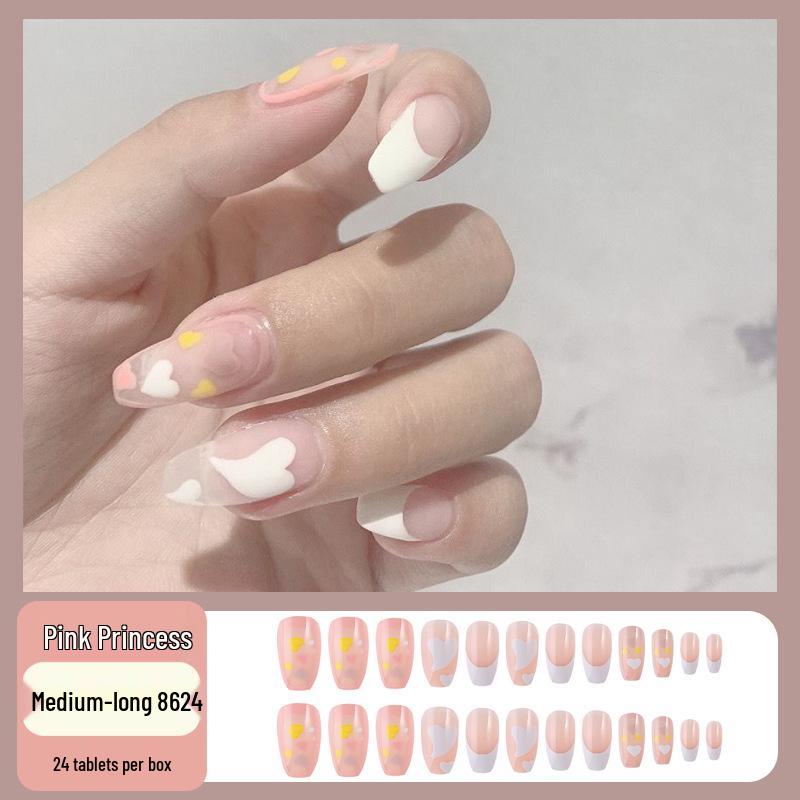 

Накладные ногти в европейском и американском стиле: Розовое и белое персиковое сердце, ледяная прозрачность, ультратонкий, романтичный дизайн. Glue Kit