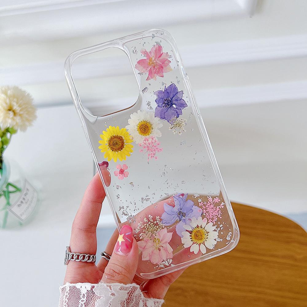 Dried Flower Silver foil Phone Cases For iPhone 17 16 15 14 13 12 11 Pro Max XS Max XR X 7 8 Plus Soft Silicone Cover