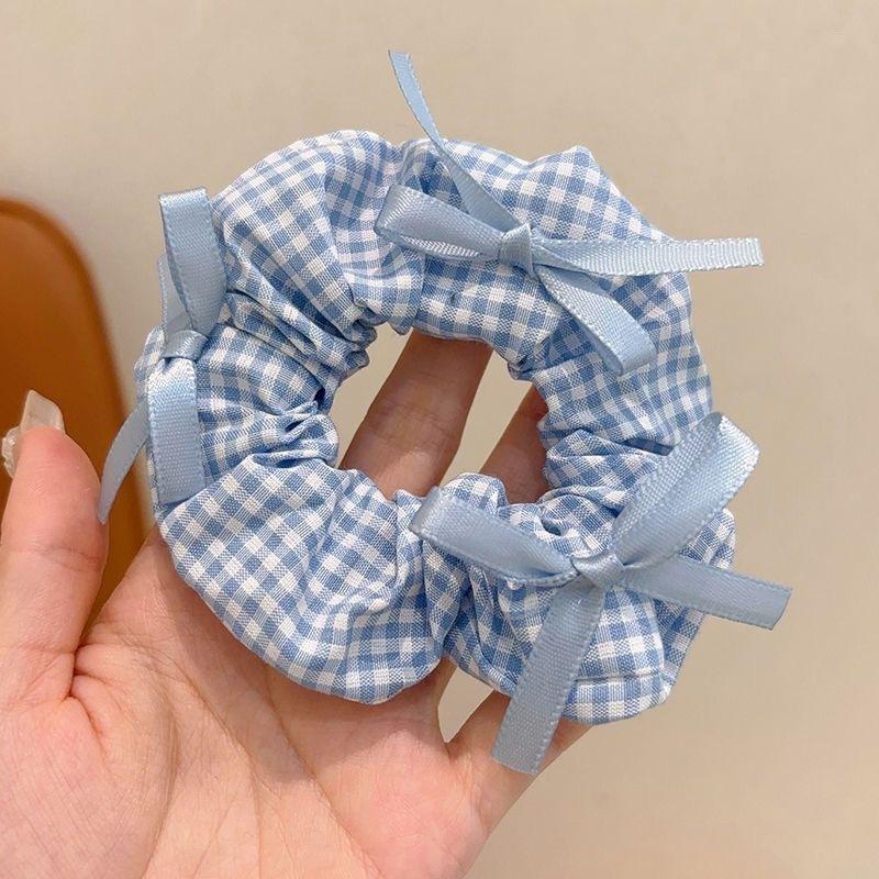 

New Summer Blue Plaid Bowknot Scrunchies College Girls Solid Mesh Hair Bundle Elegant Large Hair Ties Ropes Cute Headwear
