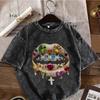 T-shirt Oversize Nero Lavato Vintage Lussuosa Stampa Labbra con Diamanti Streetwear Cotone Manica Corta Girocollo