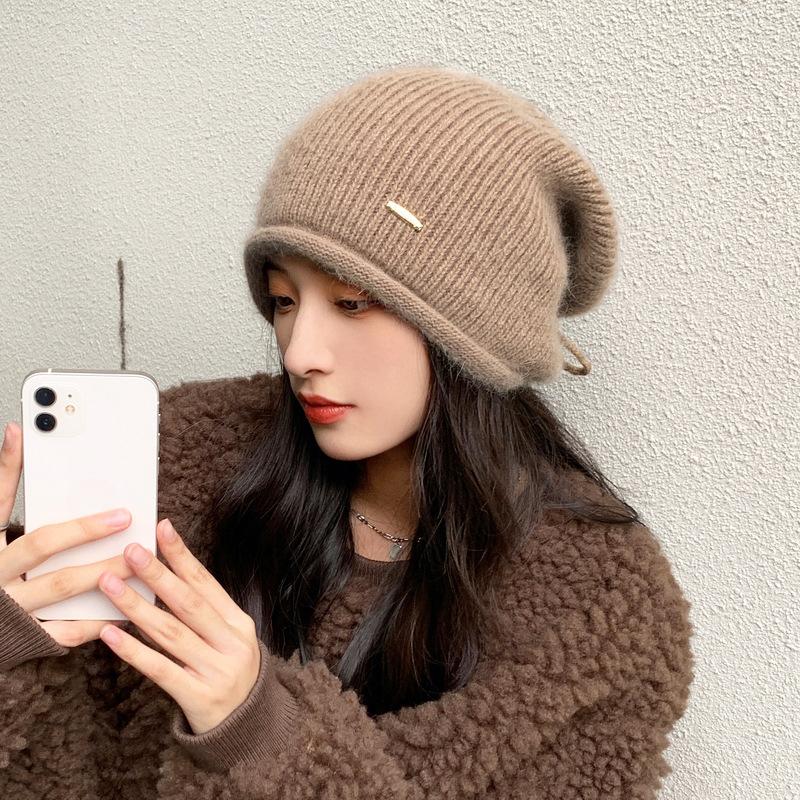 Stacks of Hats for Women Curly Knitted Pullover Hat Autumn and Winter Rabbit Hair Ear Protection Warm Wool Hat Showing Face Small Cold Hat