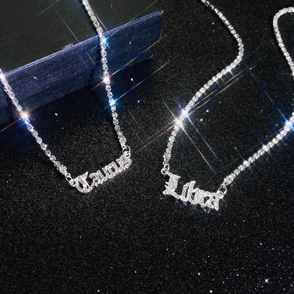 Fashion Twelve Zodiac Super Flash Rhinestone Inlay Necklace Sweater Chain Pendant