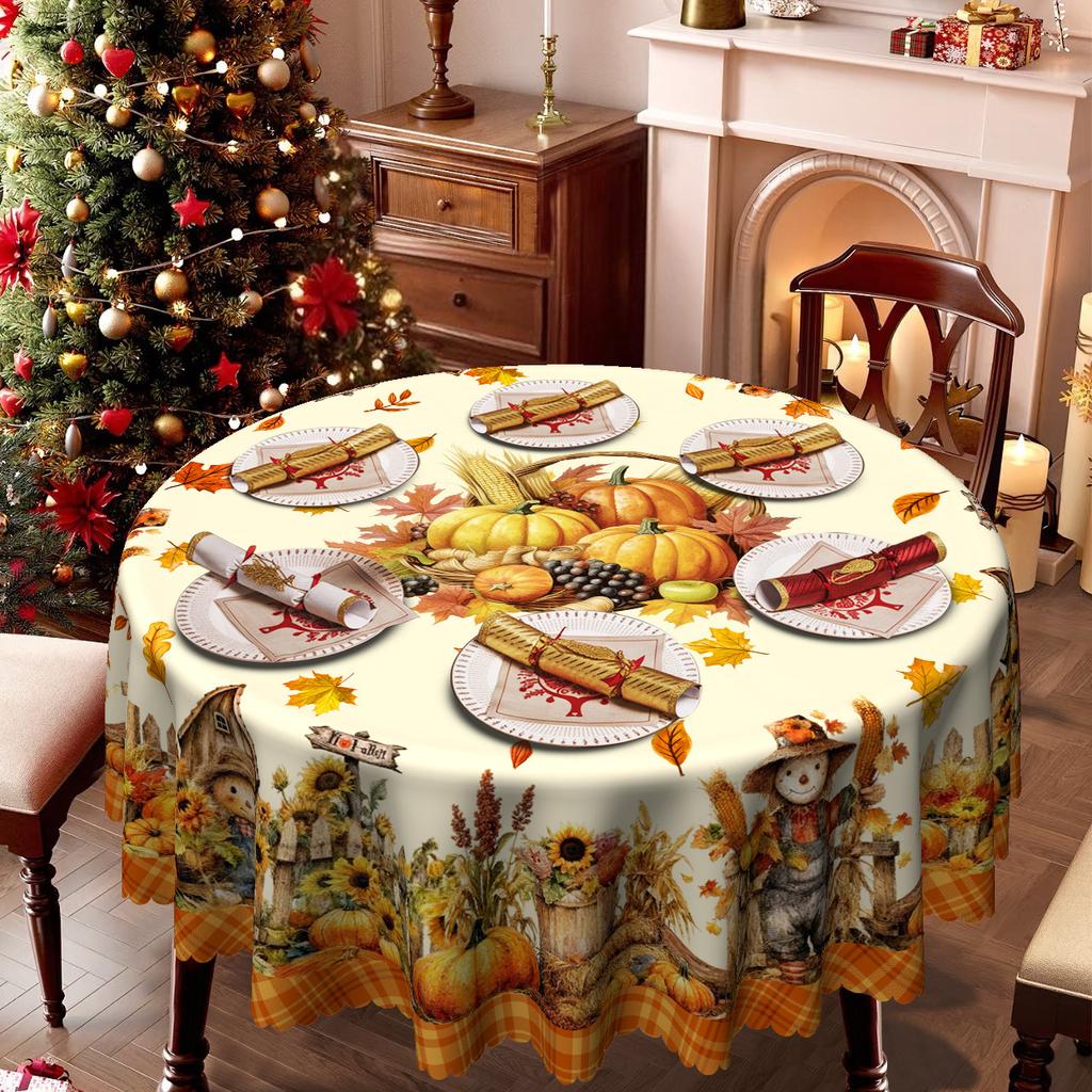 Autumn Themed Rectangular Table Cloth, Beige Orange Scarecrow Sunflower Pumpkin Fence Pattern, Table Cloth