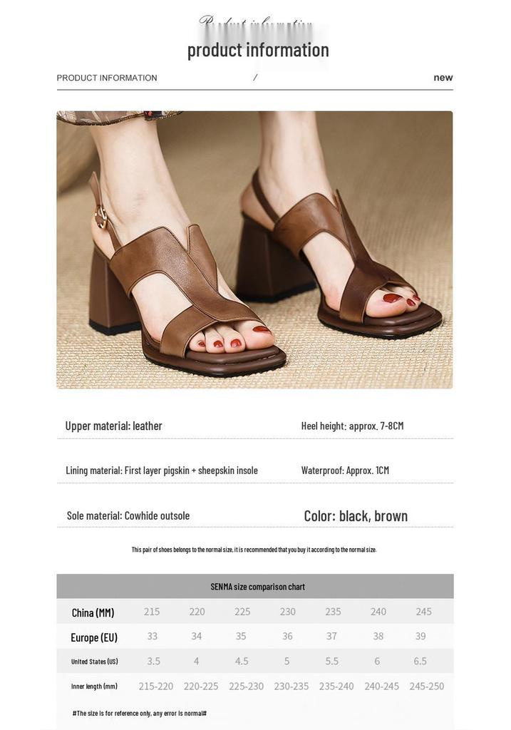 Women's Retro Brown Chunky Heel Sandals - Open-Toe, Single Strap, Comfortable High Heels