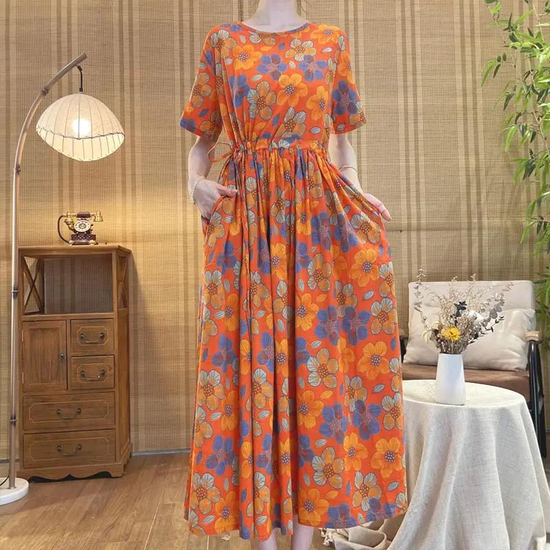 Women's Floral Print Maxi Round Neck Short Sleeve High Waist Pleated Casual Summer Dress