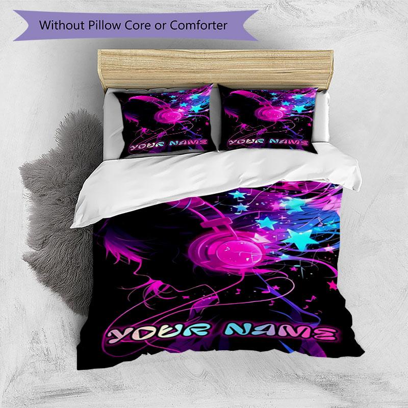 3pcs Custom Name Music Dreams Neon Lights Bedding Set Printed Bedding Set Duvet Cover Closure Includes 1 Duvet Cover & 2 Pillowcases Bedroom Decor