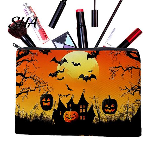 Compact Storage for Small Items Halloween Bag, with Pumpkin Ghost Print, Durable Canvas Cute Festive Zippered Pencil Case Large Capacity Makeup Pouch,