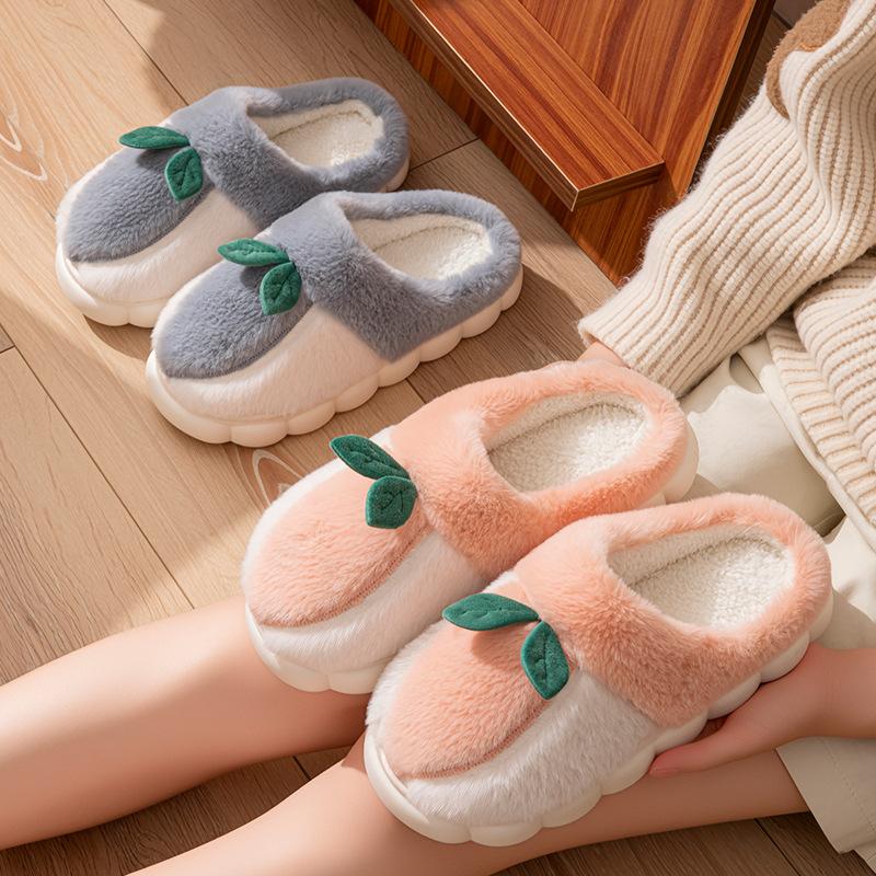 Home plush cotton slippers autumn and winter indoor soft bottom non-slip plush warm couple strawberry leaf cotton mop