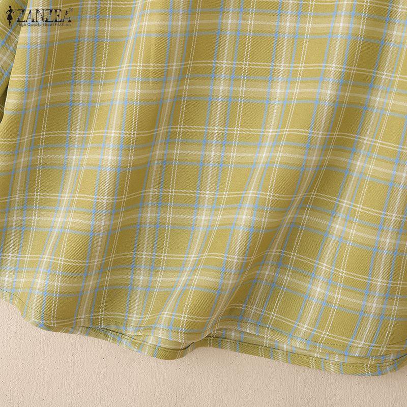 ZANZEA Women Casual Round Neck 3/4 Sleeve Loose Grid Print Blouse