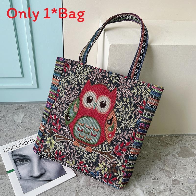 Canvas Embroidered Owl Tote Bag With Zipper Closure For Daily Use