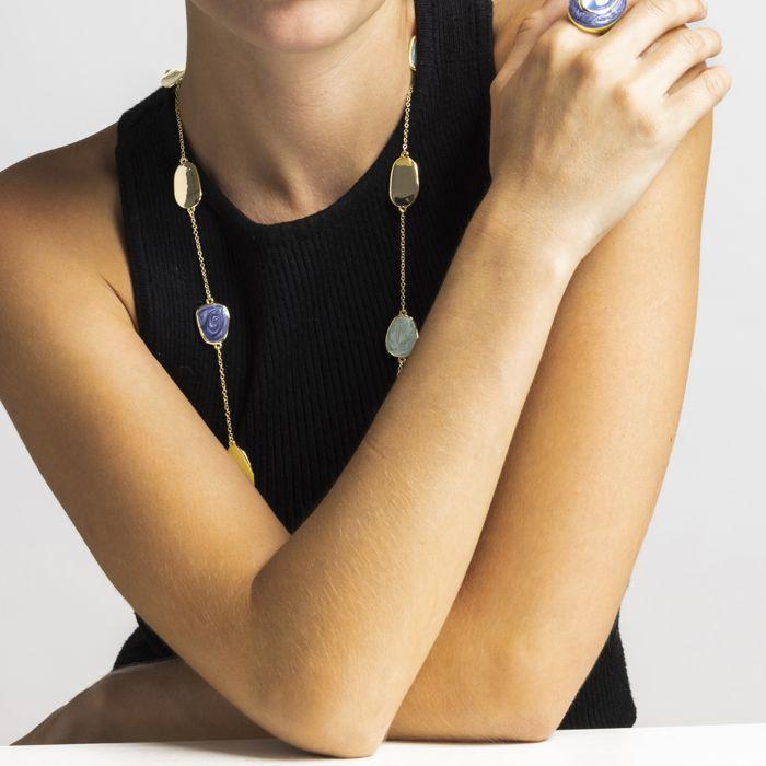 Collier - LUXENTER - Talyu - Laque Bleue - Or Jaune 18k - 80 Cm Avec Extension