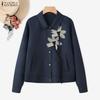 ZANZEA Blusa feminina casual gola virada para baixo solta manga comprida
