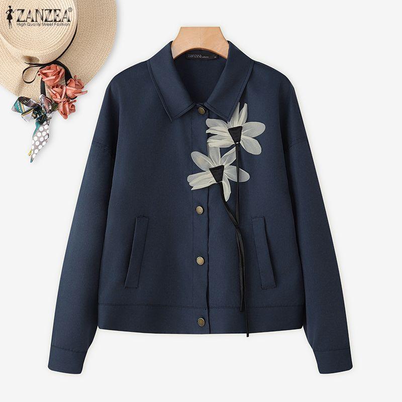ZANZEA Blusa feminina casual gola virada para baixo solta manga comprida