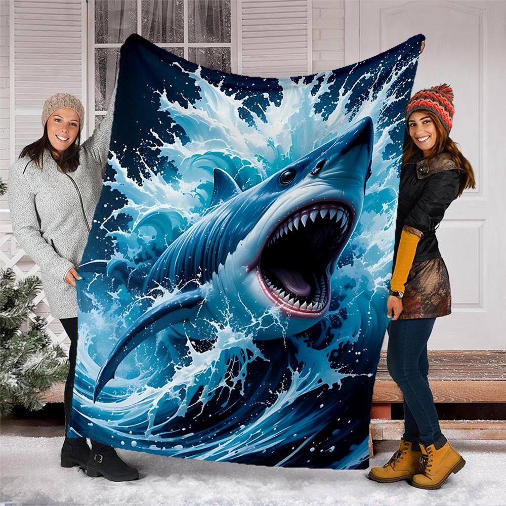 1pc Shark Attack Print Outdoor Blanket, Lightweight Polyester,