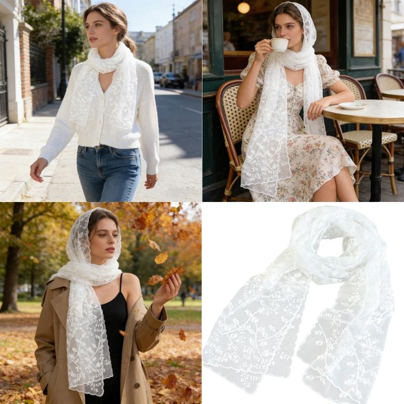 Elegant Lace Edge Scarf Comfortable Head Cover Strong Polyester For Spiritual Moment Or Travel