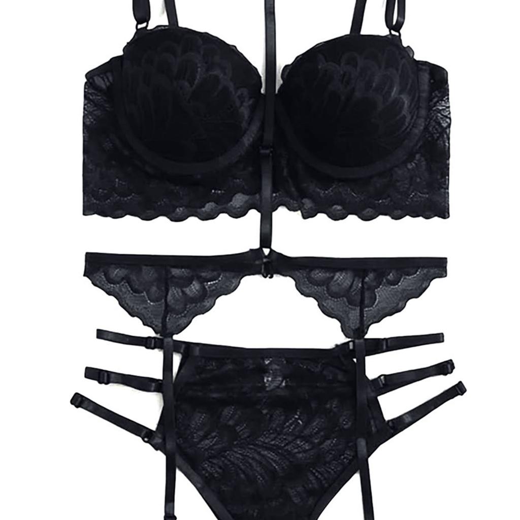 Women Lingerie Set Fashionable Elegant Lace Bra Panty Garter Belt Set Sleepwear for Wedding Night Black L