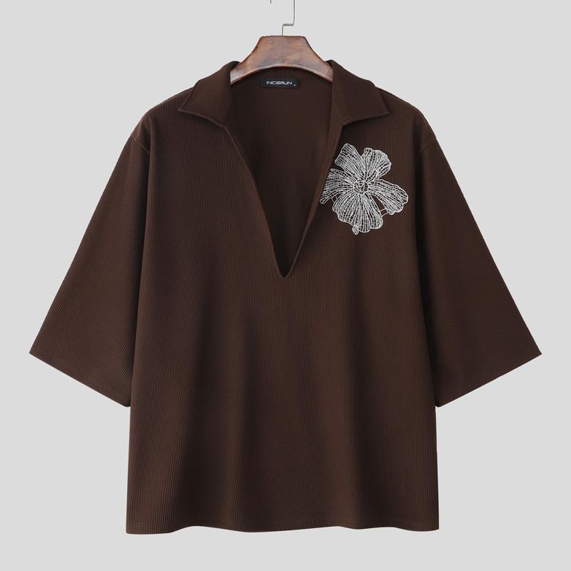 INCERUN Oversized Men 3/4 Sleeve Embroidery Texture Casual Loose T-shirts Tops