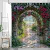 Shower Curtain: Enchanted Garden Path with Stone Archway and Blooming Roses for a Romantic and Scenic Bathroom Decor