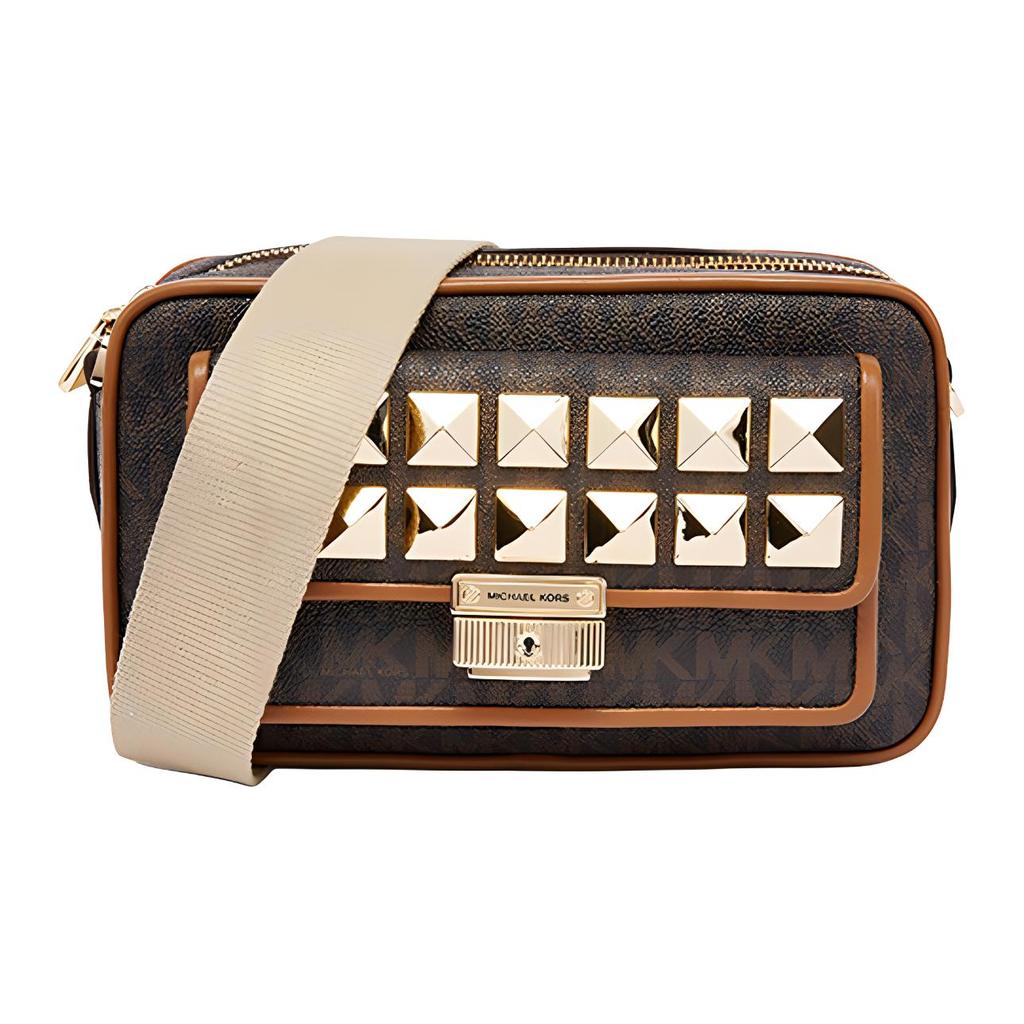 New MICHAEL KORS Bradshaw Leather Stud Camera Shoulder Bag Women's Brown 32H1G2BC2V-BRN-ACORN