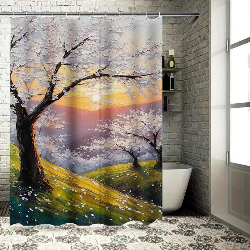 Cherry Blossom Tree at Sunset Waterproof Shower Curtain Heat Resistant Machine Washable Non-Transparent 180x180cm