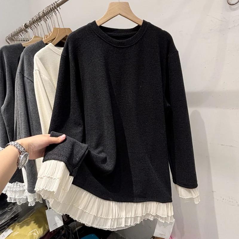 Pullovers Tops Women Long Sleeves Blouse Oversized Round Neck Loose Long Sleeve Shirt Slim Lace Pullover Tops