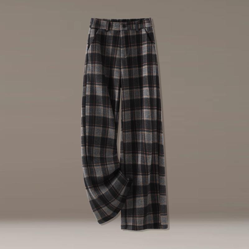 Women's Winter Plaid Wool High-Waisted Straight-Leg Cashmere Pants - Slimming, Loose, and Stylish