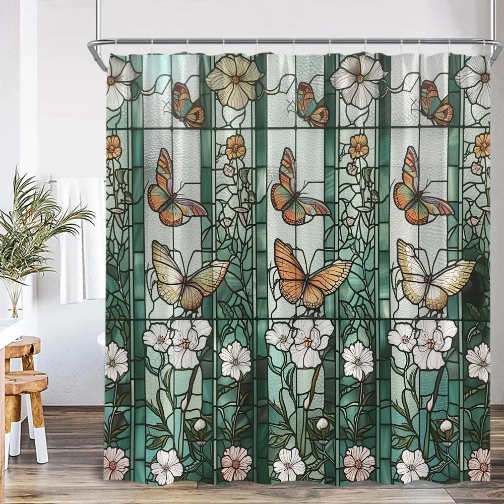 Stained Glass Garden Shower Curtain Butterfly Flowers Church Colored Painting Glass Wall Art Bath Curtain Aesthetic Bath Curta